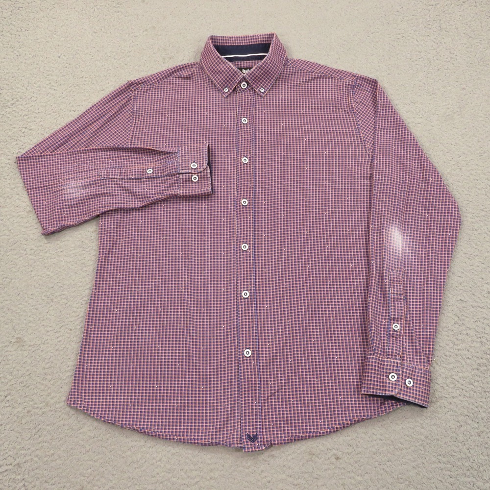 Buttercloth Shirt Mens Large Regular Fit Blue Orange Plaid Gingham Check Stretch